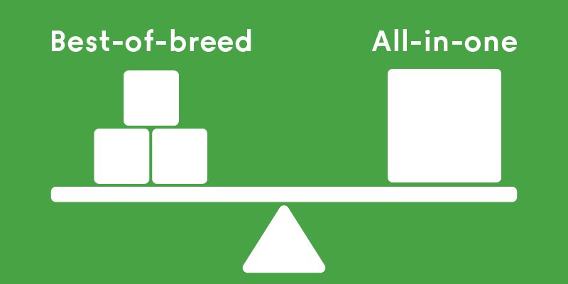 Våg som balanserar fastighetssystem av best-of-breed-typ på ena sidan mot all-in-one-typ på andra.